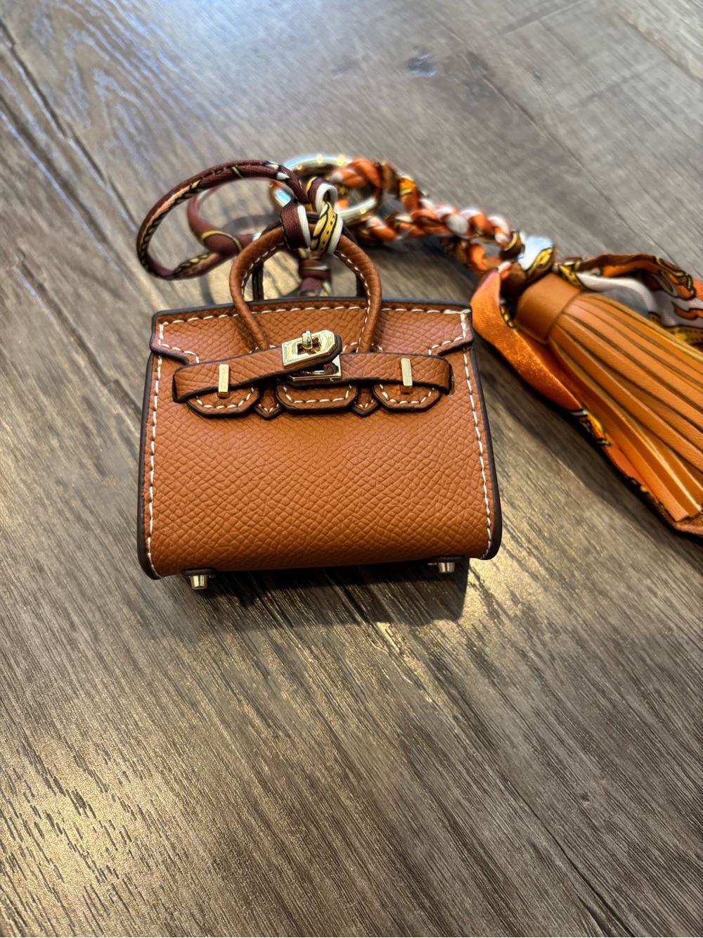 Mini Top Handle Handbag Charm Keychain with Scarf & Tassel – Brown - Picture 3 of 6